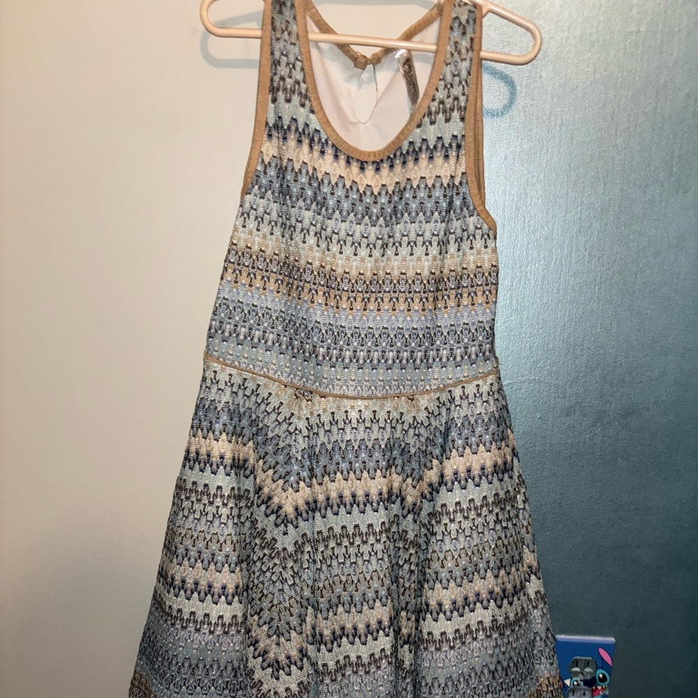 Beautees Blue and Cream Patterned Kids Dress